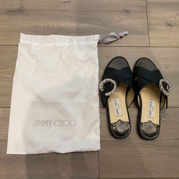 Jimmy Choo Black Sandals with Crystal Buckle